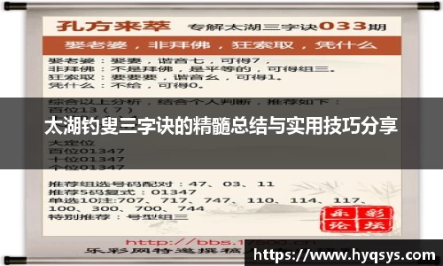 太湖钓叟三字诀的精髓总结与实用技巧分享